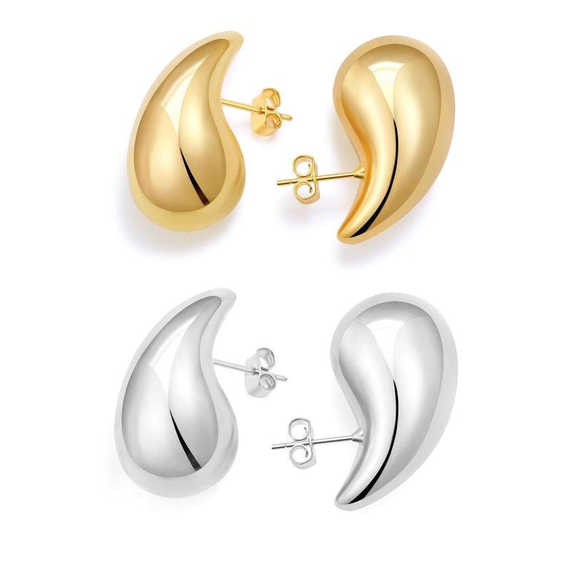 Vuleto 2 Pairs Teardrop Earrings Dupes Set for Women, Lightweight Gold Silver Chunky Hoops Tear Drop Dangle Earrings Hypoallergenic Trendy Fashion Jewelry Gifts - Image 1
