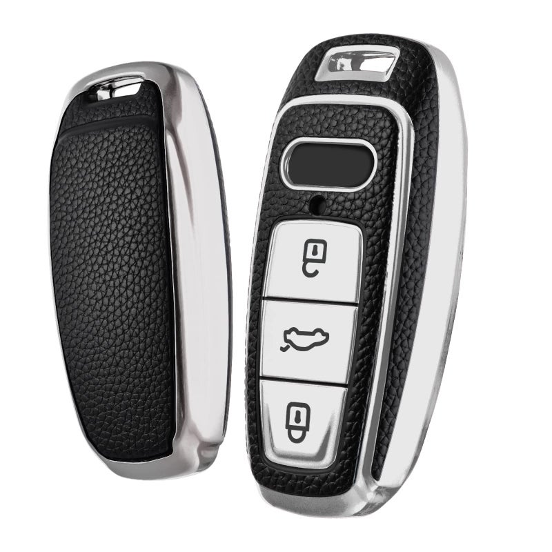 ELOHEI for Audi Key Fob Cover, Special Soft TPU Key Case Cover Protector Compatible with Audi A6L A6 A7 A8 Q7 Q8 E-Tron 2018-2022 A3 S3 S6 SQ7 RS6 S7 RS7 Smart Key(Leather Texture Silver)