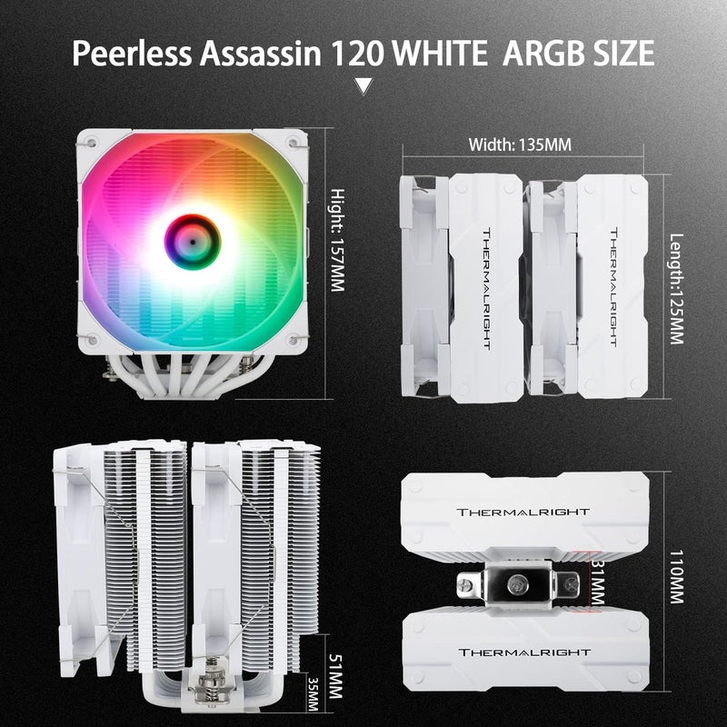 ثيرمالرايت مبرد هواء وحدة المعالجة المركزية Thermalright Peerless Assassin 120 أبيض ARGB، ARGB 5V، مروحتان PWM TL-C12W-S، غطاء مشعاع متوافق مع AMD AM4 AM5/Intel 1150/1200/2066 - Image 5