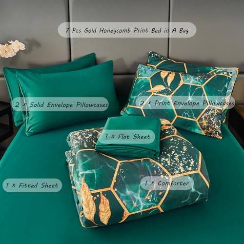 ZRNBAST Dark Green King Size Comforter Set Geometric Honeycomb-7 Piece Bedding Set with Gold Trim Print Pattern All Season Marble Hexagon Bed in A Bag with Sheets (Emerald Green, King) - Image 3
