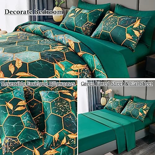 ZRNBAST Dark Green King Size Comforter Set Geometric Honeycomb-7 Piece Bedding Set with Gold Trim Print Pattern All Season Marble Hexagon Bed in A Bag with Sheets (Emerald Green, King) - Image 4