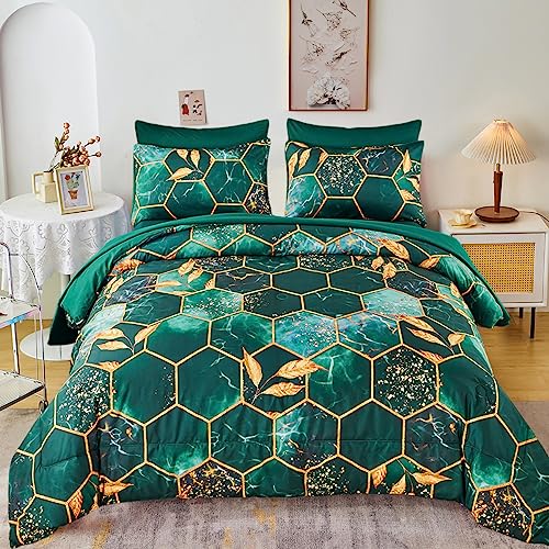 ZRNBAST Dark Green King Size Comforter Set Geometric Honeycomb-7 Piece Bedding Set with Gold Trim Print Pattern All Season Marble Hexagon Bed in A Bag with Sheets (Emerald Green, King) - Image 1