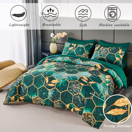ZRNBAST Dark Green King Size Comforter Set Geometric Honeycomb-7 Piece Bedding Set with Gold Trim Print Pattern All Season Marble Hexagon Bed in A Bag with Sheets (Emerald Green, King) - Image 2
