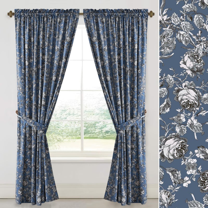 StangH Retro Slate Blue Floral Curtains for Sliding Door, Elegant Rose Pattern Printed On Velvet Drapes Rural Light Filtering Room Divider for Home Office Hallway, W52 x L84, 2 Panels - Image 1