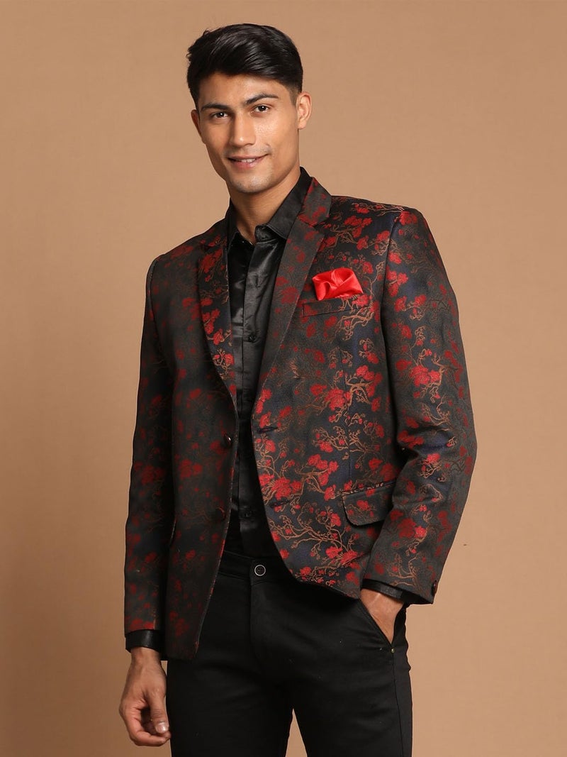 VASTRAMAY Men’s Self Woven Floral Silk Blend Blazer for | Festive Maroon - Image 2