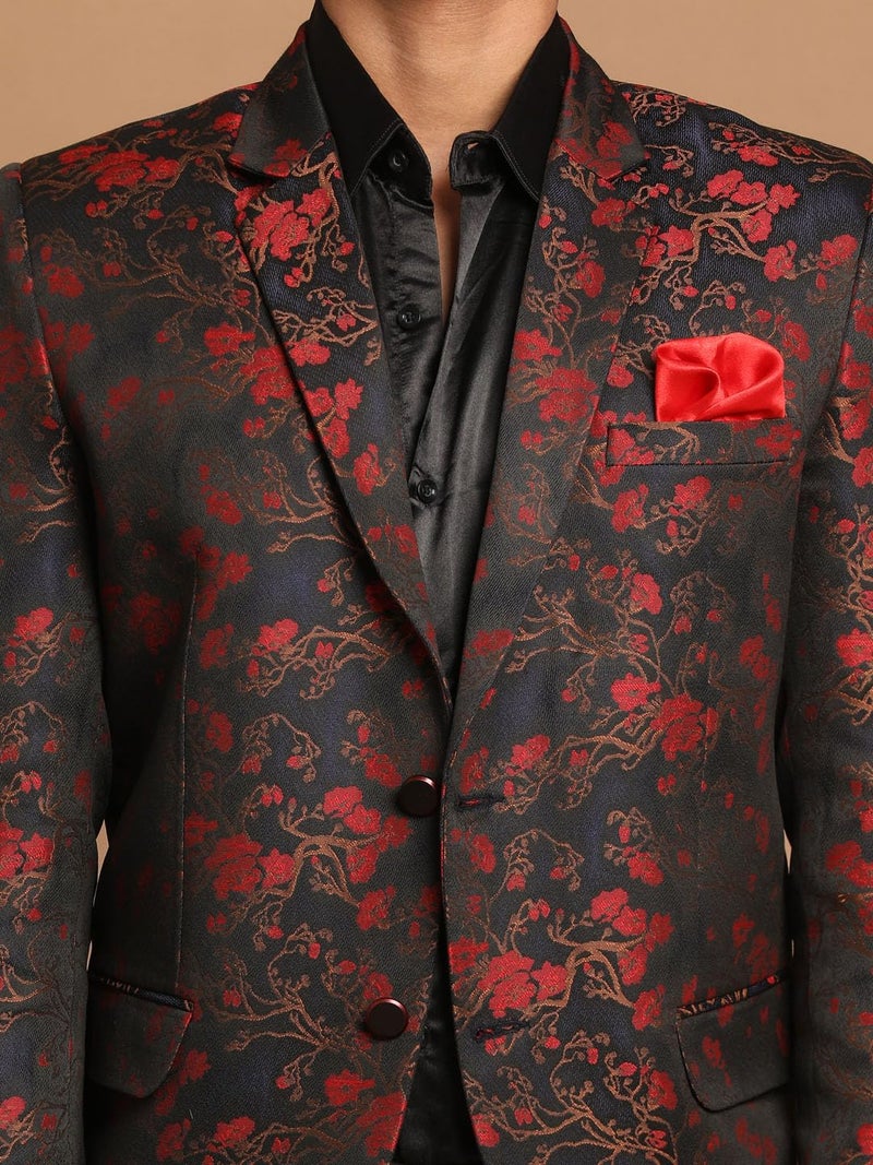 VASTRAMAY Men’s Self Woven Floral Silk Blend Blazer for | Festive Maroon - Image 4