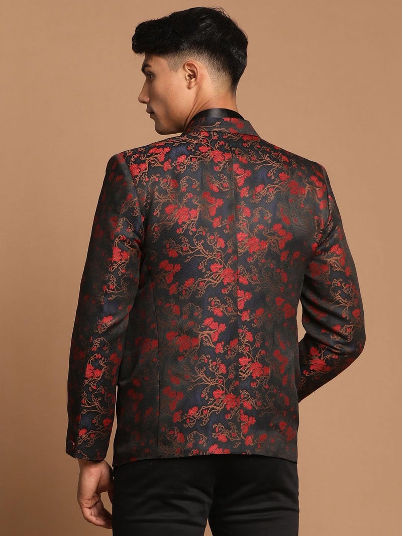 VASTRAMAY Men’s Self Woven Floral Silk Blend Blazer for | Festive Maroon - Image 3