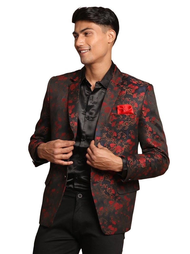 VASTRAMAY Men’s Self Woven Floral Silk Blend Blazer for | Festive Maroon - Image 1