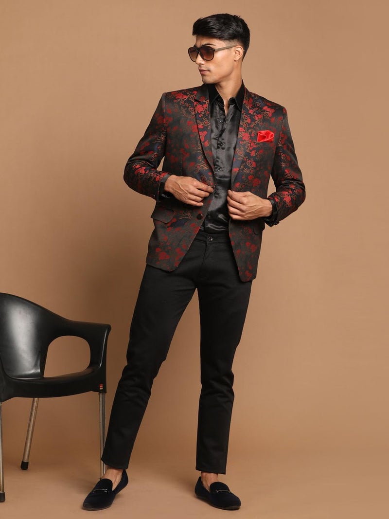VASTRAMAY Men’s Self Woven Floral Silk Blend Blazer for | Festive Maroon - Image 5