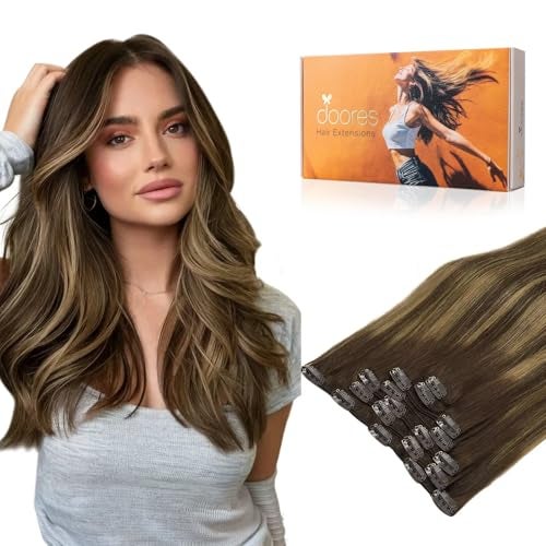 DOORES Balayage Clip in Human Hair Extensions Chocolate Brown to Caramel Blonde Remy Hair Clip in Extensions Straight Natural Hair Extensions 7pcs 120g 22 Inch - Image 1