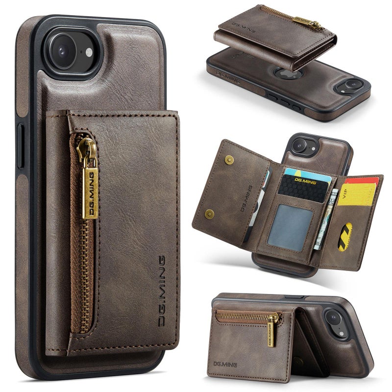 Dg Ming For Iphone 16E M5 Series Zip Rfid Multi Card Detachable Leather Phone Case(Coffee) - Image 1
