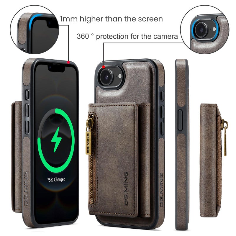 Dg Ming For Iphone 16E M5 Series Zip Rfid Multi Card Detachable Leather Phone Case(Coffee) - Image 2