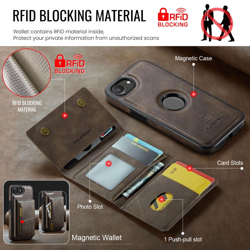 Dg Ming For Iphone 16E M5 Series Zip Rfid Multi Card Detachable Leather Phone Case(Coffee) - Image 4