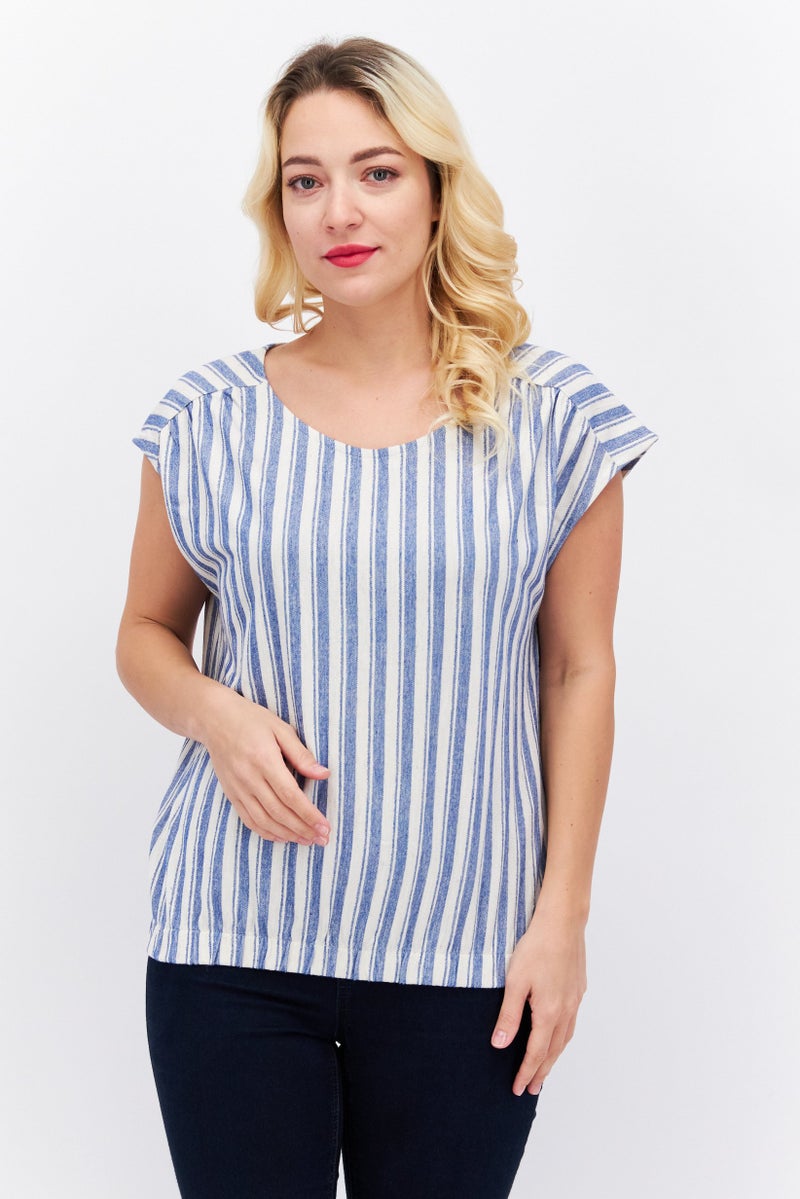 ESPRIT قميص نسائي بدون أكمام بياقة دائرية مخطط، أزرق - Image 1