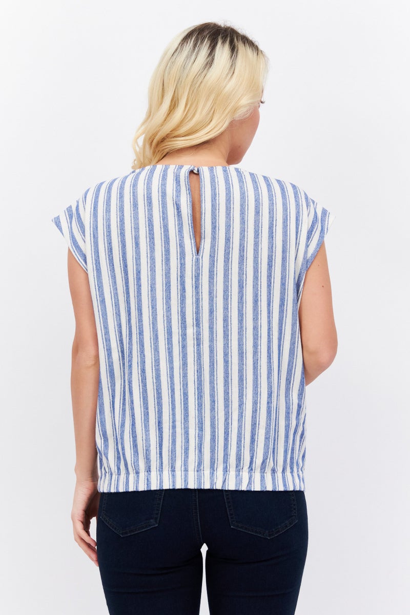 ESPRIT قميص نسائي بدون أكمام بياقة دائرية مخطط، أزرق - Image 3