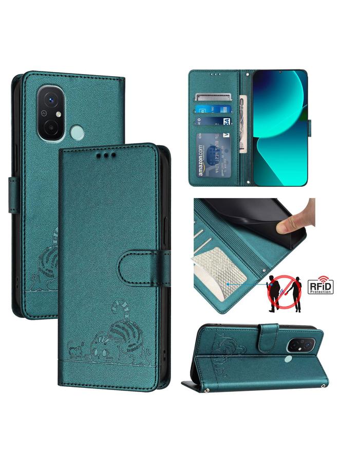 Case For Xiaomi Redmi 12C / Redmi 11A Cat Rat Embossed Pattern RFID Leather Phone Case with Lanyard