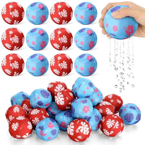 Vertintong 24 Pack Cartoon Hawaiian Party Favors Water Balls Bomb for Pool 2 Inch Reusable Water Balls Bulk Red Blue Flower Patterns Absorbent Pool Toys for Kids Beach Luau Party Supplies - Image 1