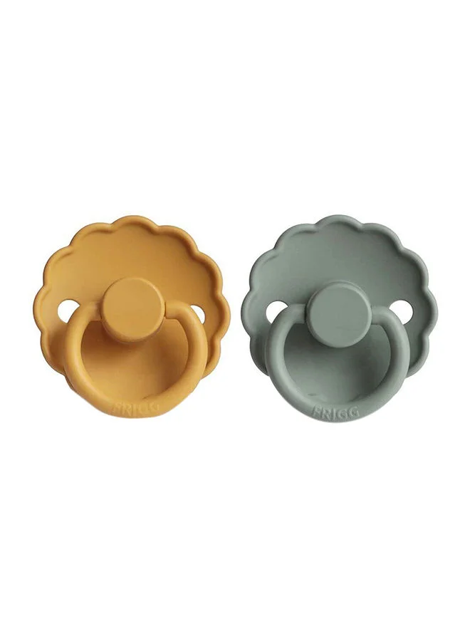 FRIGG Pack Of 2 Daisy Silicone Baby Pacifier 6-18M, Honey Gold/Lily Pad - Size 2