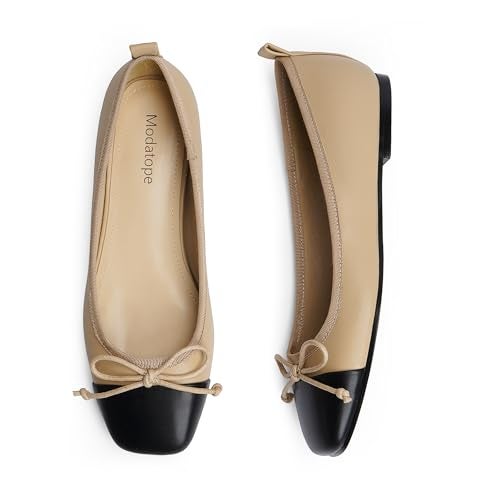 Modatope Ballerina Flats for Women Nude Bow Bowknot Ballet Two Tone Closed Square Cap Toe Slip on Comfortable Flats Shoes Size 6.5 - Image 4