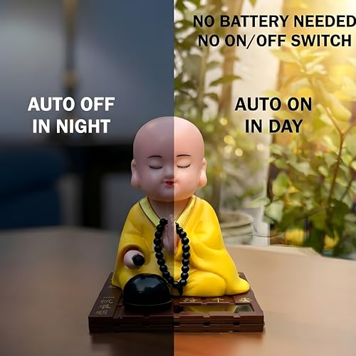 sculpmart Solar Buddha Moving Head & Hand for Car Dashboard | Home Decor | Office Desk & Gifting - Solar Powered Motion with Auto ON/Off with Light (Yellow) - Image 3