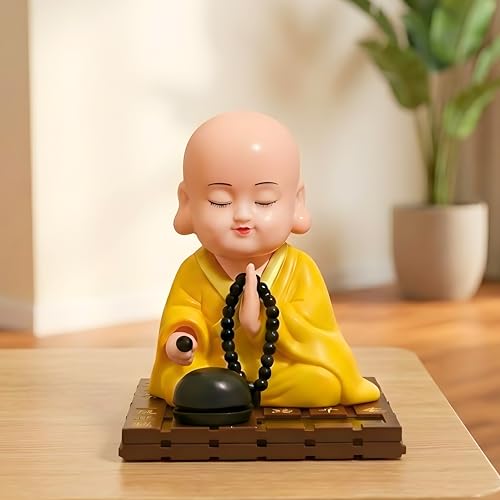 sculpmart Solar Buddha Moving Head & Hand for Car Dashboard | Home Decor | Office Desk & Gifting - Solar Powered Motion with Auto ON/Off with Light (Yellow) - Image 1