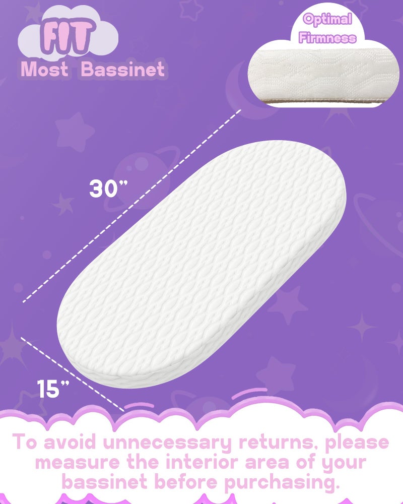 WELLZEE Oval Bassinet Mattress 30"x15", Fit for Dream On Me Karley, Dream On Me Lacy Portable, Delta Children Curve and Most Oval Moses Bassinet, 100% Breathable Cover, Water Resistant Linings - Image 2