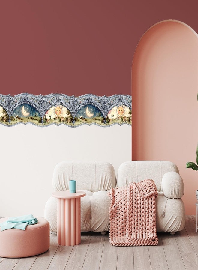 TRIMZ Celestial Wallpaper Border - Whimsical Sun & Moon, Scalloped Floral & Architectural Accents, Bedroom & Nursery Décor, Pre-Pasted, 15 Ft x 8 in. - Image 2