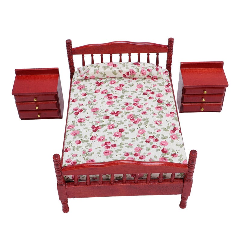 1/12 Scale Birch Wood Dollhouse Bedroom Set Floral Design Bedding Complete Miniature Furniture with Fully Functional Movable Pieces for Collectors and Kids - Image 3