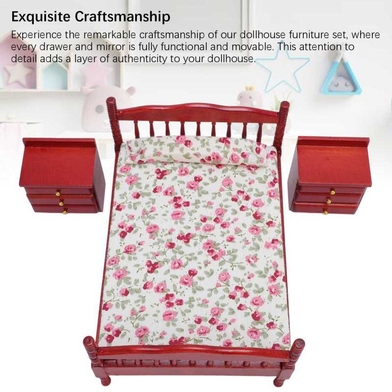 1/12 Scale Birch Wood Dollhouse Bedroom Set Floral Design Bedding Complete Miniature Furniture with Fully Functional Movable Pieces for Collectors and Kids - Image 4
