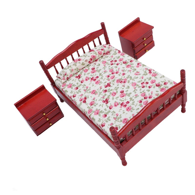 1/12 Scale Birch Wood Dollhouse Bedroom Set Floral Design Bedding Complete Miniature Furniture with Fully Functional Movable Pieces for Collectors and Kids - Image 5