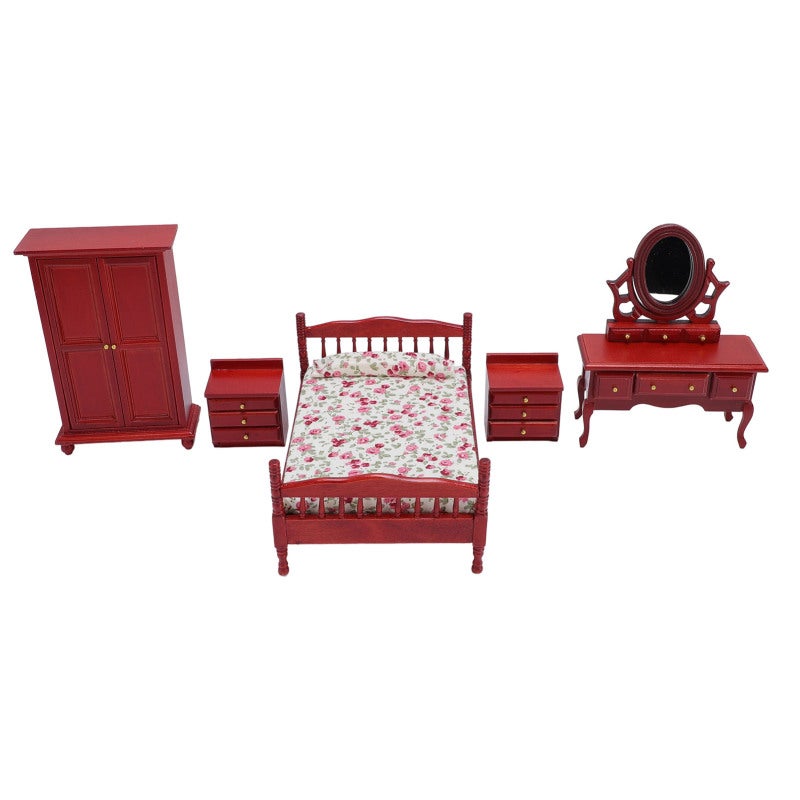 1/12 Scale Birch Wood Dollhouse Bedroom Set Floral Design Bedding Complete Miniature Furniture with Fully Functional Movable Pieces for Collectors and Kids - Image 1