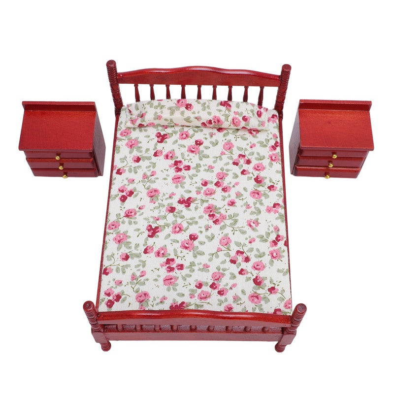 1/12 Scale Birch Wood Dollhouse Bedroom Set Floral Design Bedding Complete Miniature Furniture with Fully Functional Movable Pieces for Collectors and Kids - Image 2