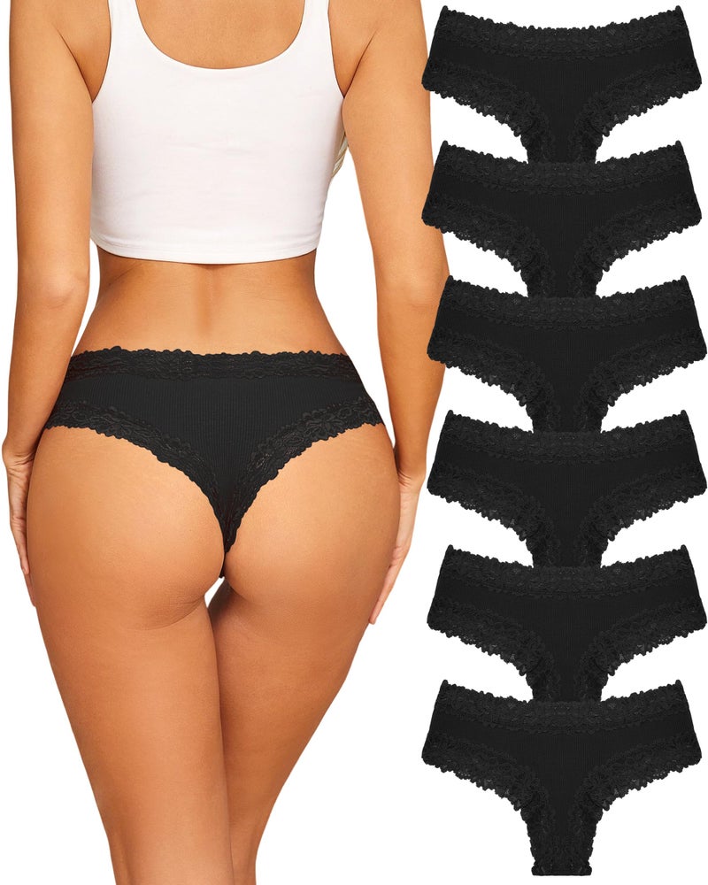 Sth Big Womens Cotton Underwear Sexy Lace Brazilian Panties Soft Breathable Cotton Cheeky Underwear for Ladies 6 Pack (6B, Samll) Black - Image 1