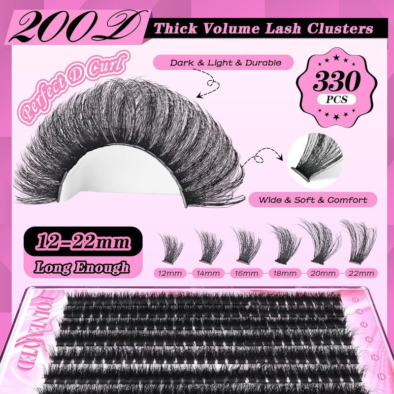 FOINEMYED Lash Clusters 330Pcs Cluster 200D Mega Volume Eyelash Extensions 12-22MM Individual Lashes D Curly Thick Lash Extensions DIY at Home by FOINEMYED - Image 5