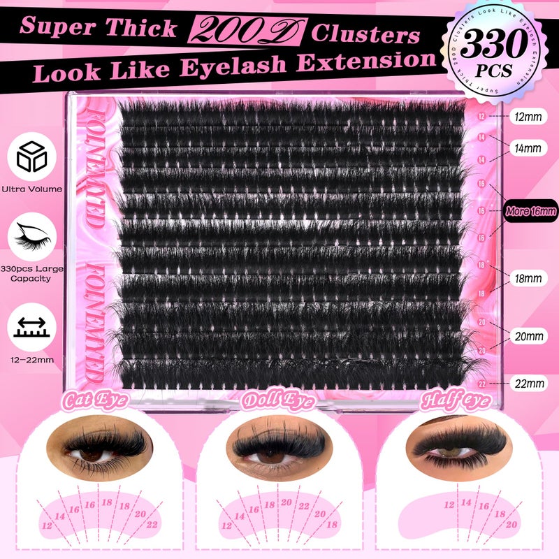 FOINEMYED Lash Clusters 330Pcs Cluster 200D Mega Volume Eyelash Extensions 12-22MM Individual Lashes D Curly Thick Lash Extensions DIY at Home by FOINEMYED - Image 2