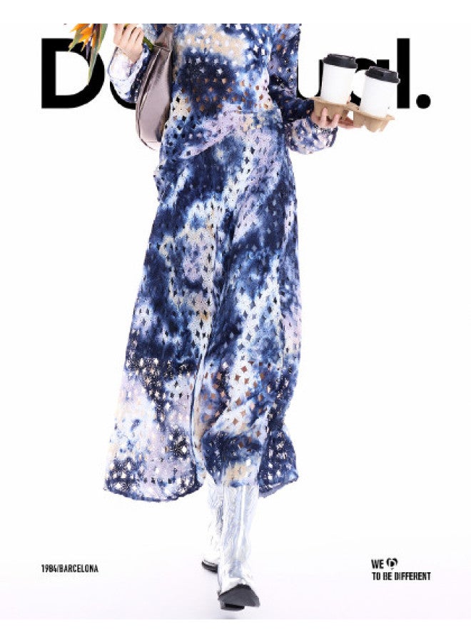 DESIGUAL 25 Autumn/Winter New Hand-Tie-Dyed Elastic Waist Blue Gradient Midi Skirt - Image 1
