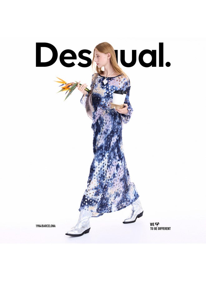 DESIGUAL 25 Autumn/Winter New Hand-Tie-Dyed Elastic Waist Blue Gradient Midi Skirt - Image 5