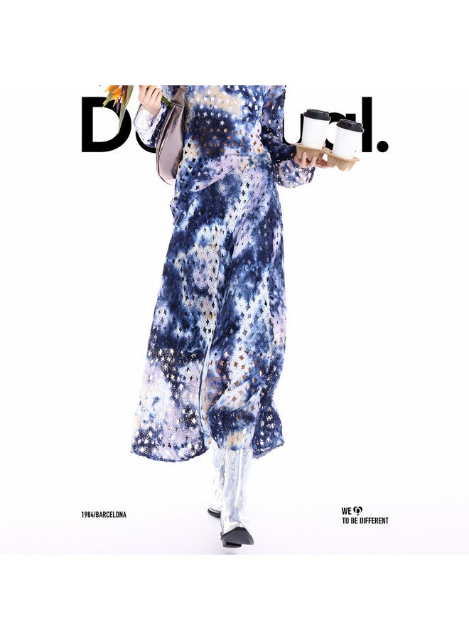 DESIGUAL 25 Autumn/Winter New Hand-Tie-Dyed Elastic Waist Blue Gradient Midi Skirt - Image 2