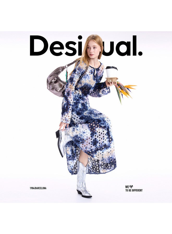 DESIGUAL 25 Autumn/Winter New Hand-Tie-Dyed Elastic Waist Blue Gradient Midi Skirt - Image 3