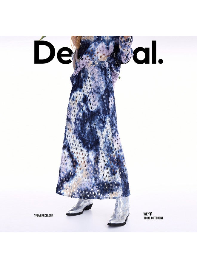 DESIGUAL 25 Autumn/Winter New Hand-Tie-Dyed Elastic Waist Blue Gradient Midi Skirt - Image 4