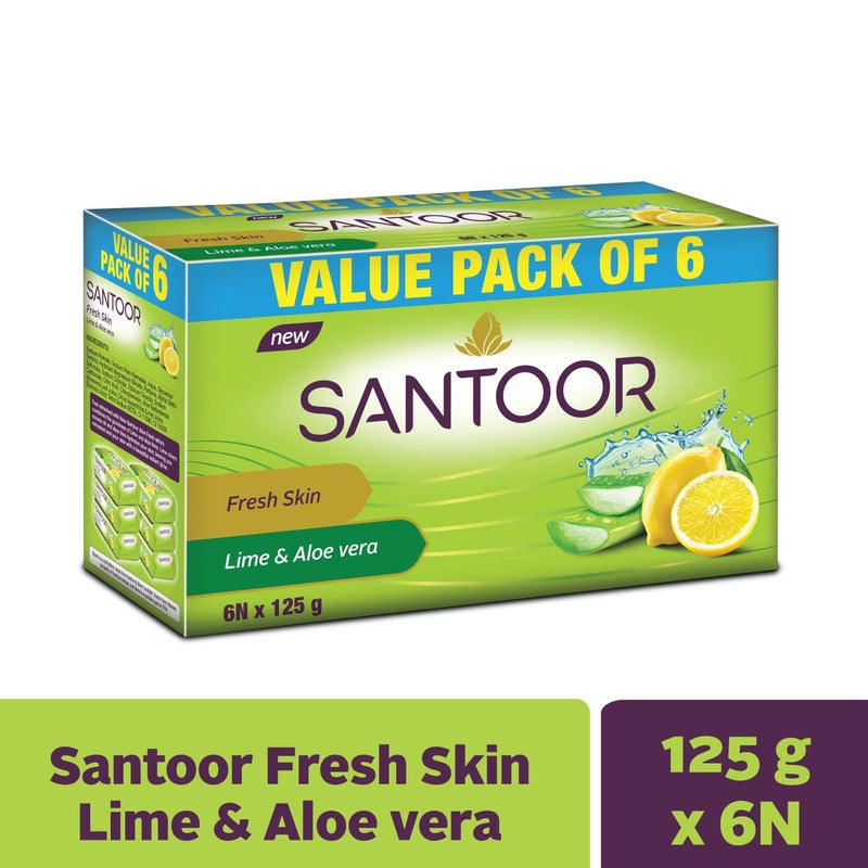 Santoor Santoor Aloe Fresh Soap 125 g Pack of 6  Santoor Sandal and Turmeric Soap Pack of 4 soaps 125g each - Image 3