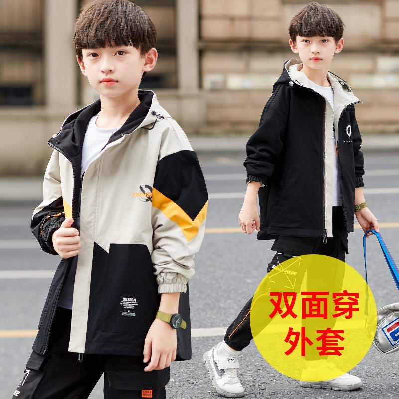 Boys' Spring Coat Boys Autumn Casual Korean Double-Sided Windbreaker Mid-Size Trendy Jacket - Image 3