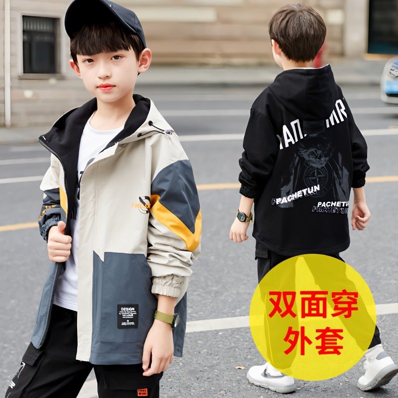 Boys' Spring Coat Boys Autumn Casual Korean Double-Sided Windbreaker Mid-Size Trendy Jacket - Image 2