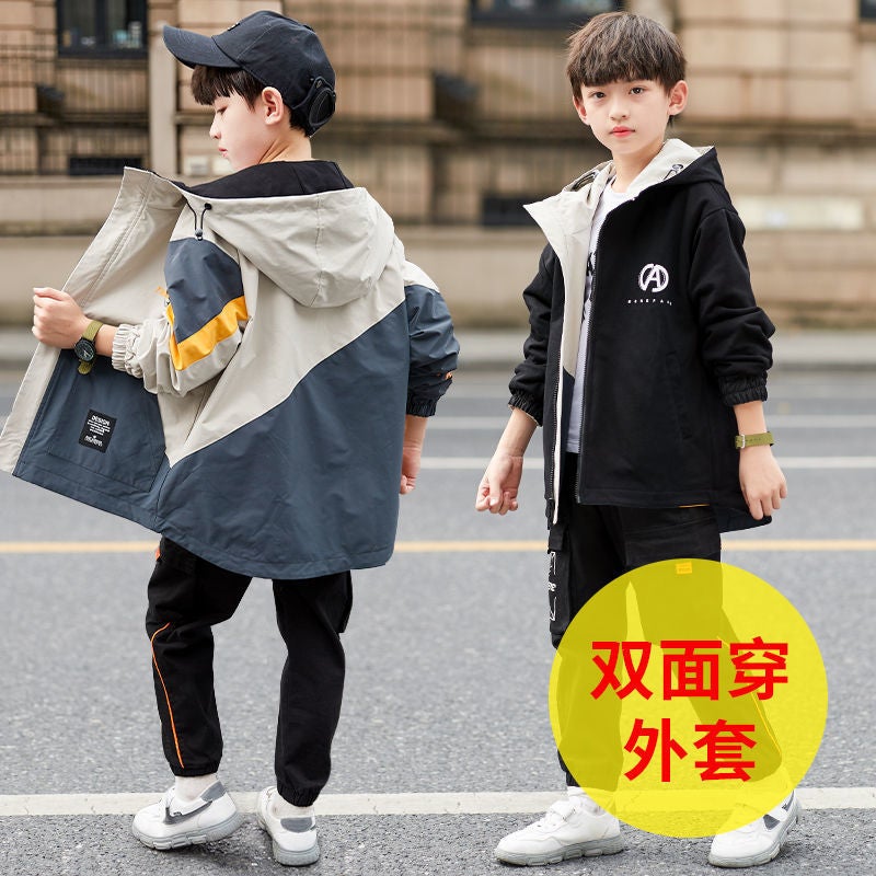 Boys' Spring Coat Boys Autumn Casual Korean Double-Sided Windbreaker Mid-Size Trendy Jacket - Image 4