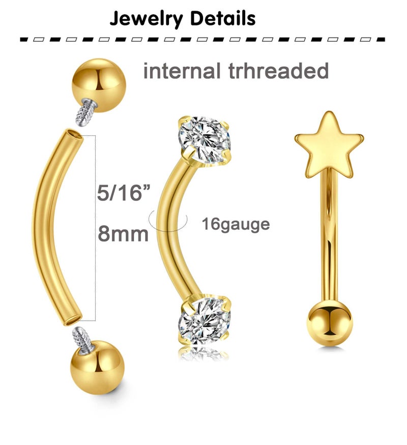 Longita Rook Piercing Jewelry Surgical Steel Gold Eyebrow Rings Surface Tragus 16g Curved Barbell Vertical Labret Lip Jewelry 8mm - Image 2