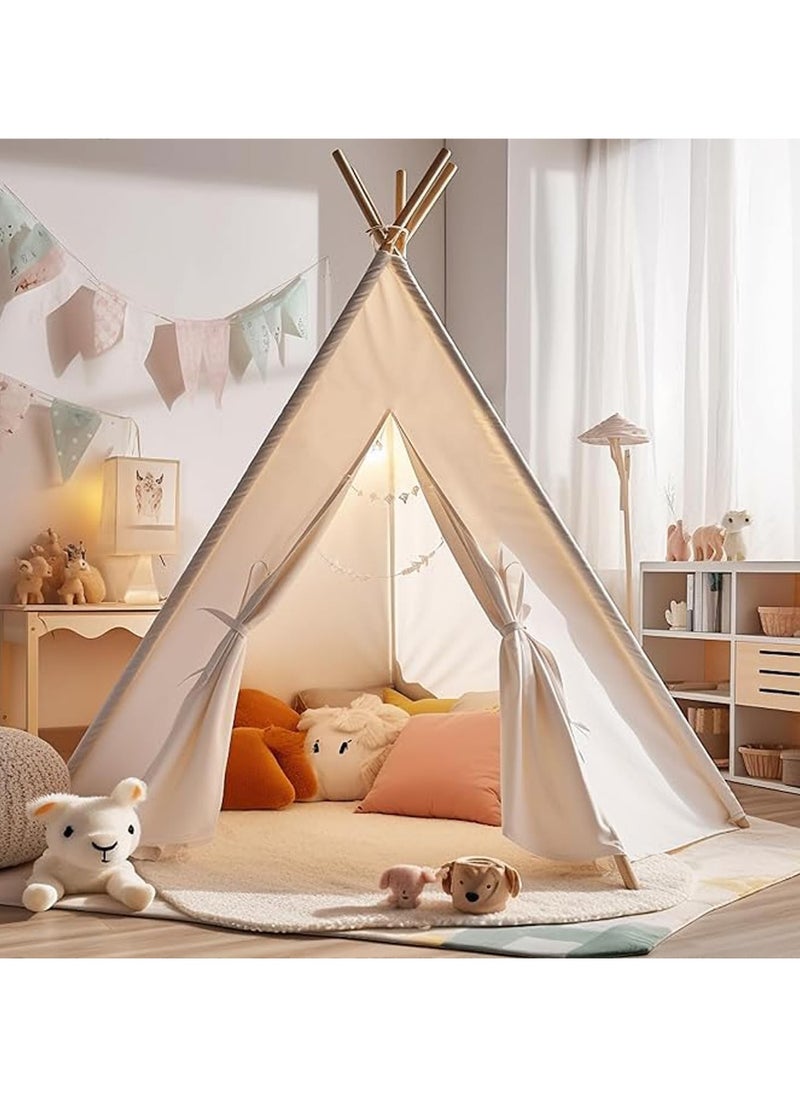 Generic - Kids Teepee Tent with Wooden Poles Kids Play Tent for Girls & Boys Natural Cotton Canvas Tent Playhouse Children Tent for Indoor Reading and Playtime - Not Include Mat (White) - Image 1
