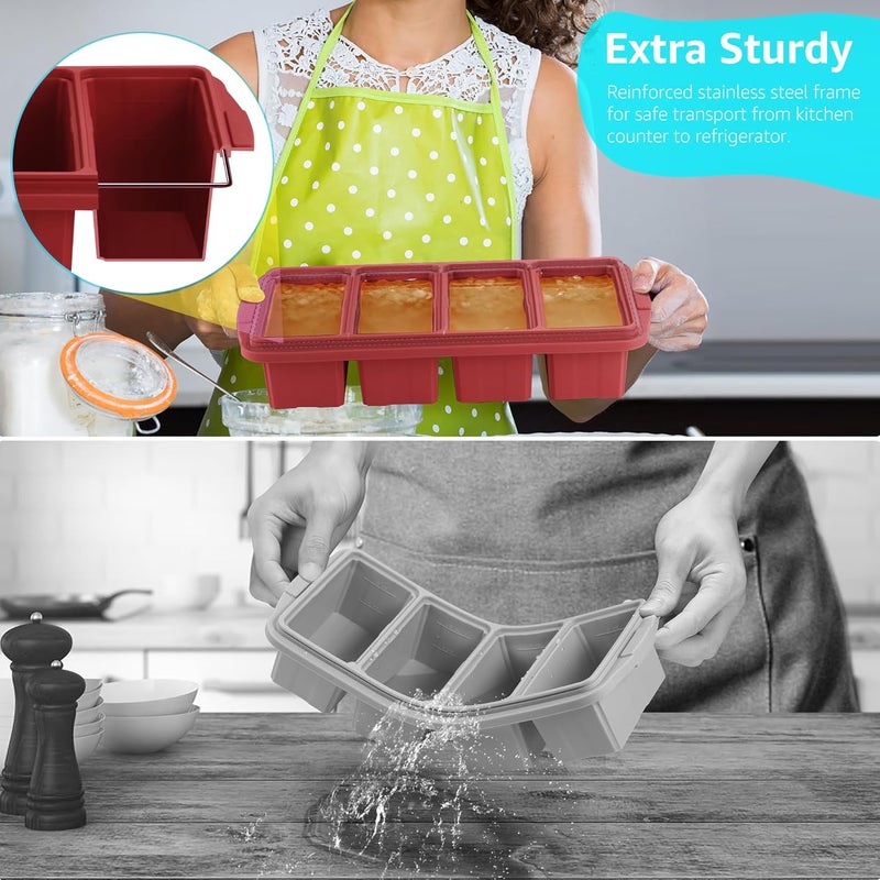 Ztomine Silicone Freezer Tray With Lid - Silicone Freezer Food Molds- Large Ice Cube Tray,Silicone Freezer Container,Freeze & Store Soup, Sauce, Broth,Leftovers - Makes 4 Perfect 1 Cup - Image 4