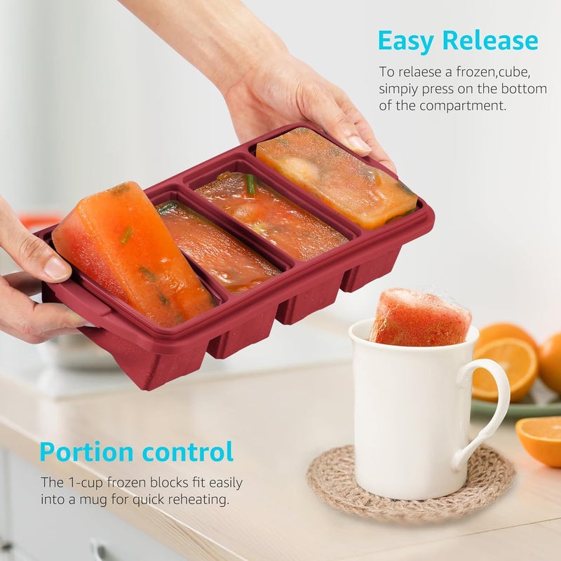 Ztomine Silicone Freezer Tray With Lid - Silicone Freezer Food Molds- Large Ice Cube Tray,Silicone Freezer Container,Freeze & Store Soup, Sauce, Broth,Leftovers - Makes 4 Perfect 1 Cup - Image 2