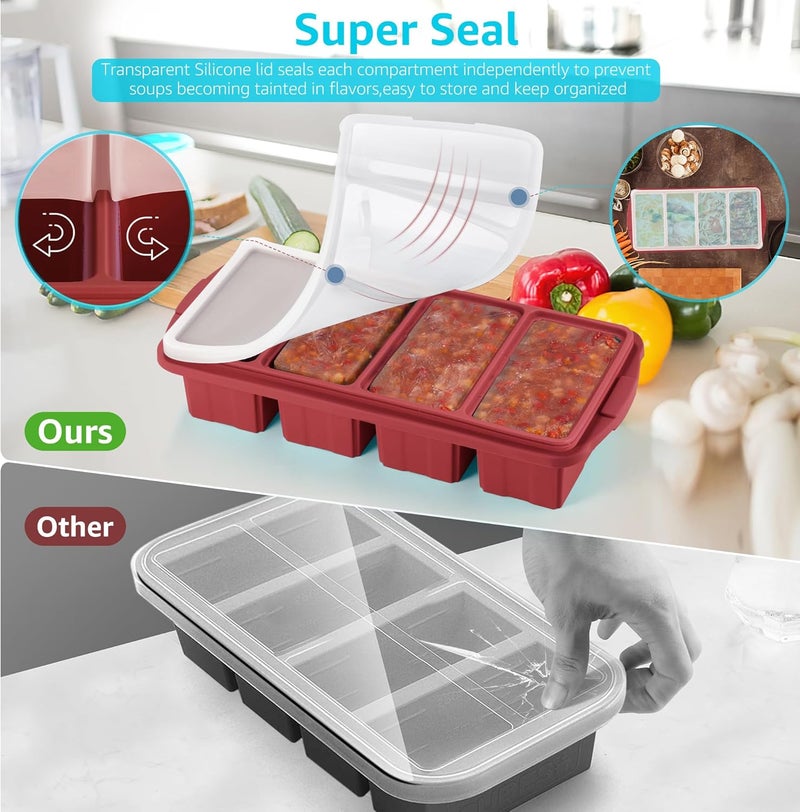 Ztomine Silicone Freezer Tray With Lid - Silicone Freezer Food Molds- Large Ice Cube Tray,Silicone Freezer Container,Freeze & Store Soup, Sauce, Broth,Leftovers - Makes 4 Perfect 1 Cup - Image 5