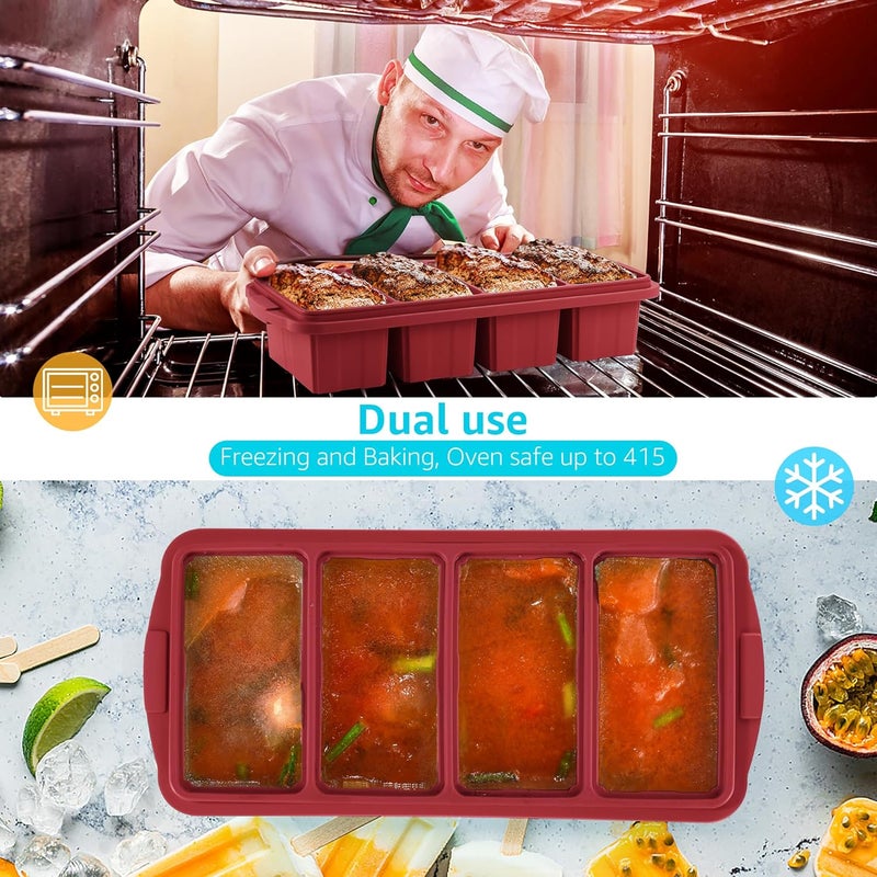 Ztomine Silicone Freezer Tray With Lid - Silicone Freezer Food Molds- Large Ice Cube Tray,Silicone Freezer Container,Freeze & Store Soup, Sauce, Broth,Leftovers - Makes 4 Perfect 1 Cup - Image 3